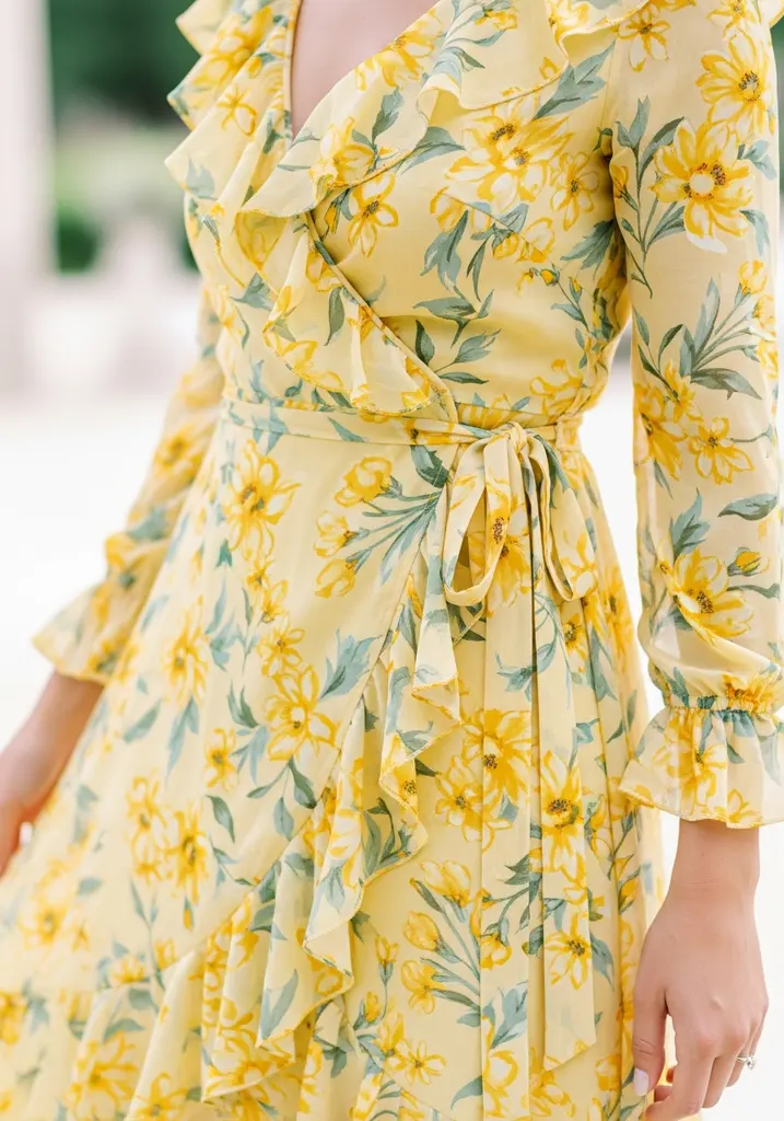 23 Sleeveless Summer Wedding Guest Dresses 13 Yellow floral ruffled wrap dress
