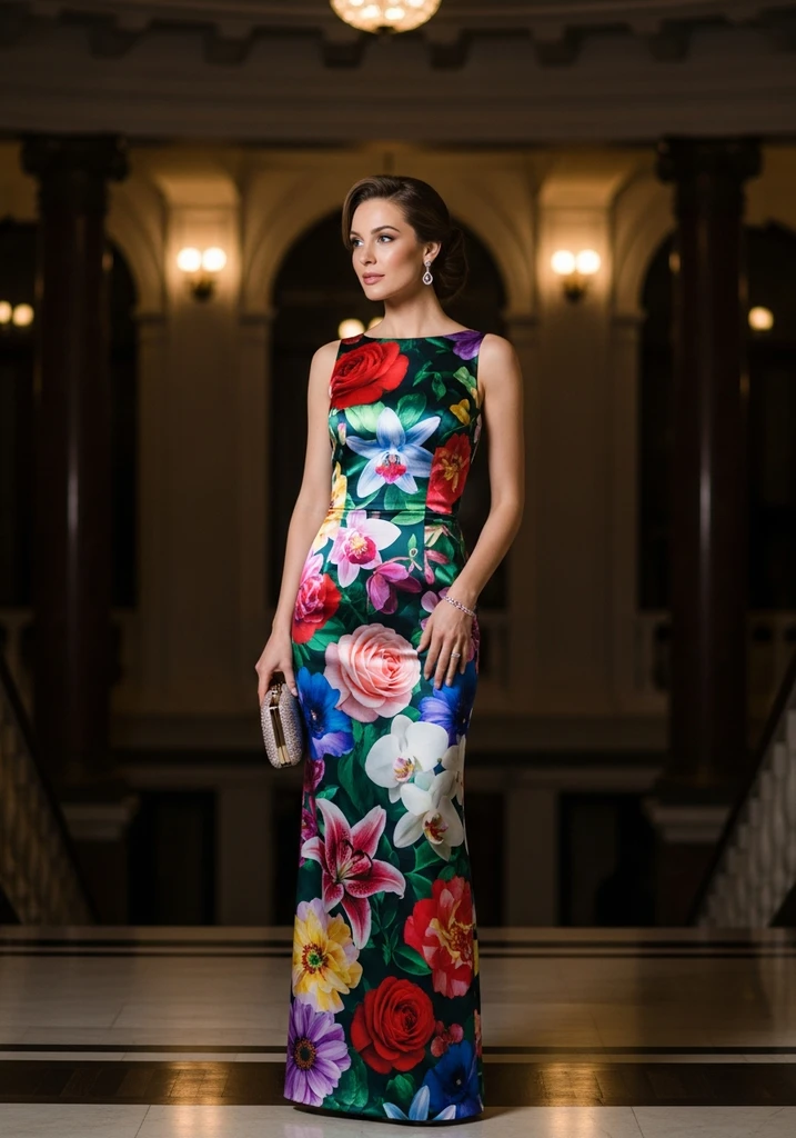 25 Floral Print Summer Wedding Guest Dresses 6 satin-column-with-bold-blooms