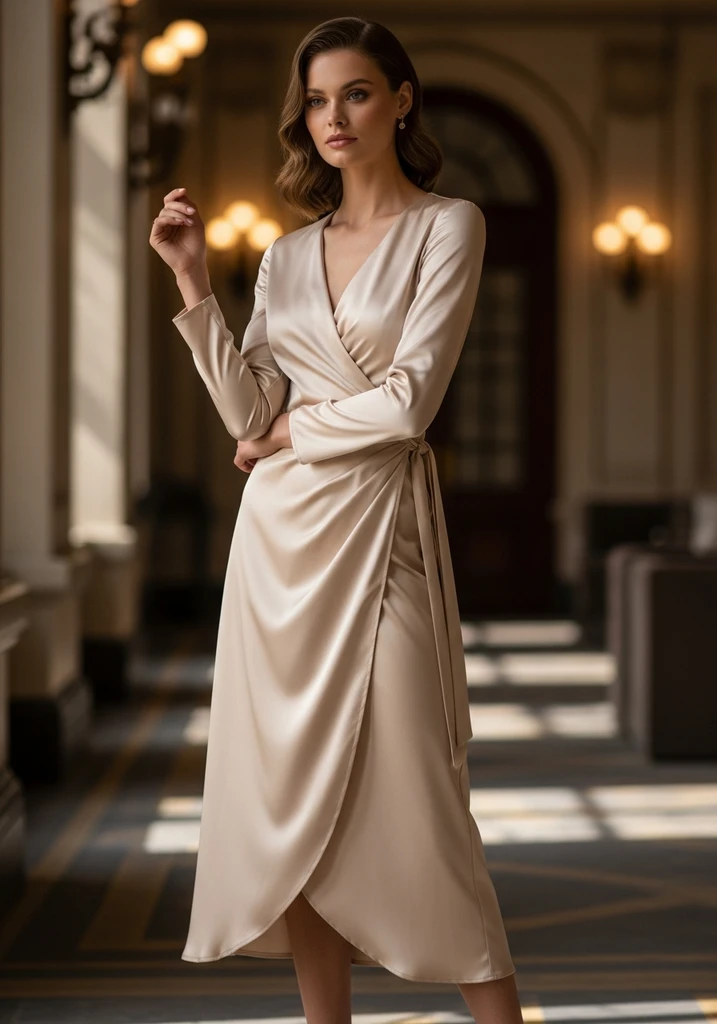 Satin midi wrap dress in champagne