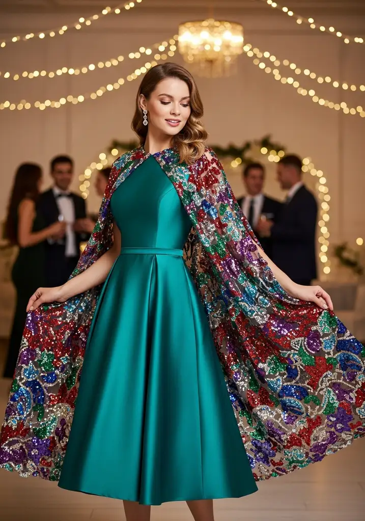 21 Cape Summer Wedding Guest Dresses for Elegant Style 12 Sequined cape cocktail dress