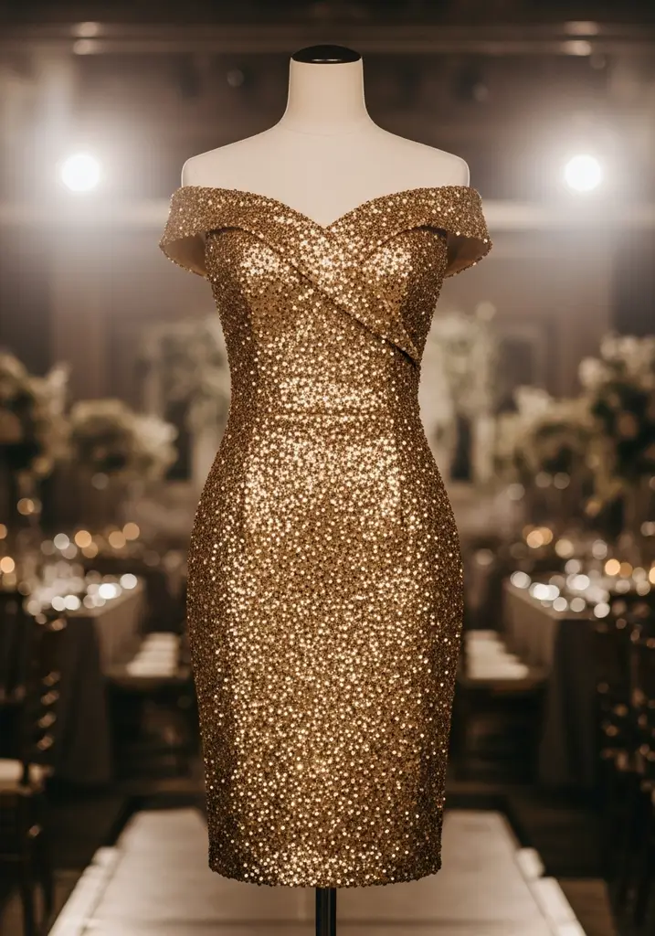 21 Off Shoulder Summer Wedding Guest Dresses 10 Gold sequined off shoulder sheath dress for guests