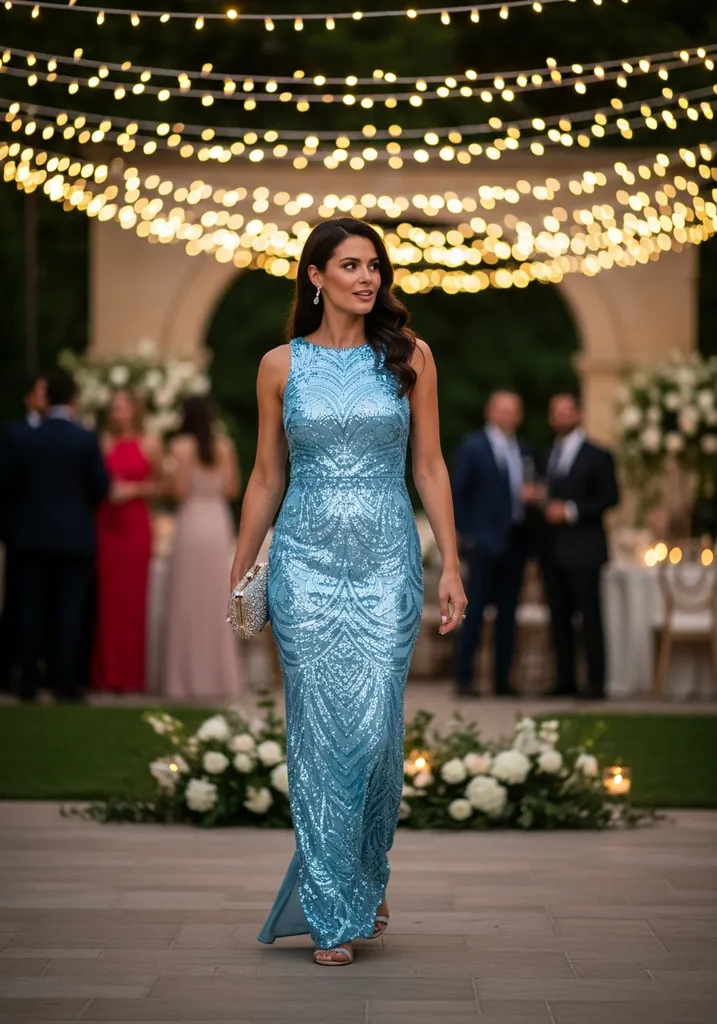 23 Light Blue Dresses for Wedding Guests 10 Light blue Sequin Sheath dress with Scoop neckline, glamorous evening wear.