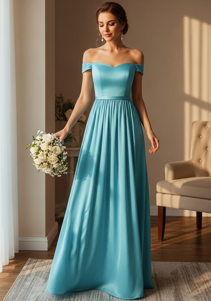 21 Off Shoulder Summer Wedding Guest Dresses 8 Sky blue silk off shoulder empire waist maxi dress