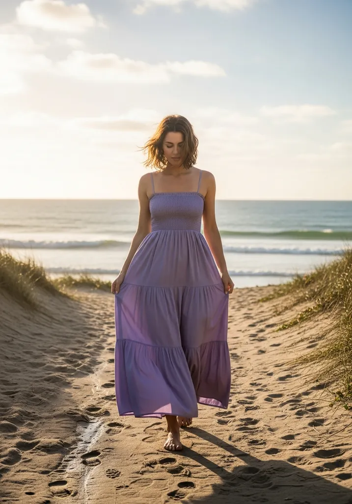 15 Boho Summer Wedding Guest Dresses for Effortless Style 12 Woman in lavender smocked bodice maxi dress
