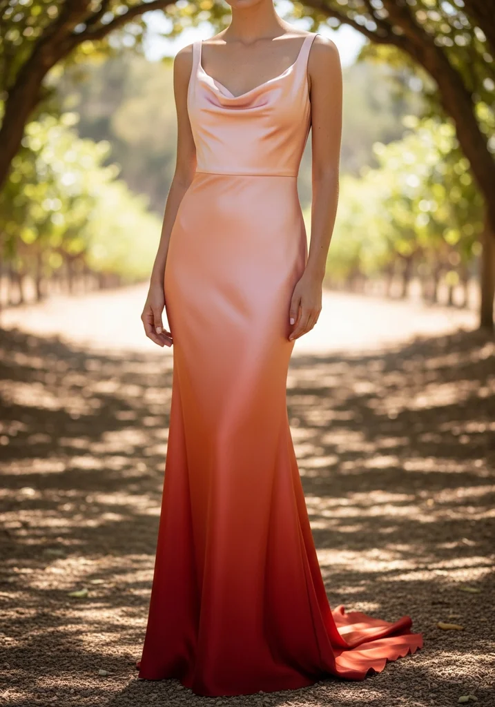 31 Best Sunset Ombre Summer Wedding Guest Dresses 16 Peach and orange satin sheath guest dress