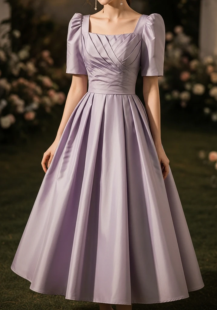 21 Lilac Summer Wedding Guest Dresses for Every Style 17 Lilac square neck taffeta midi dress for wedding guest