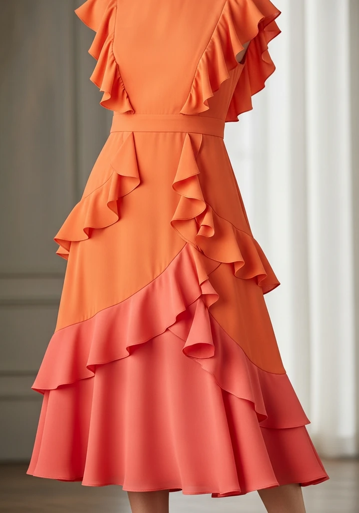 31 Best Sunset Ombre Summer Wedding Guest Dresses 30 Orange and coral crepe midi with ruffles