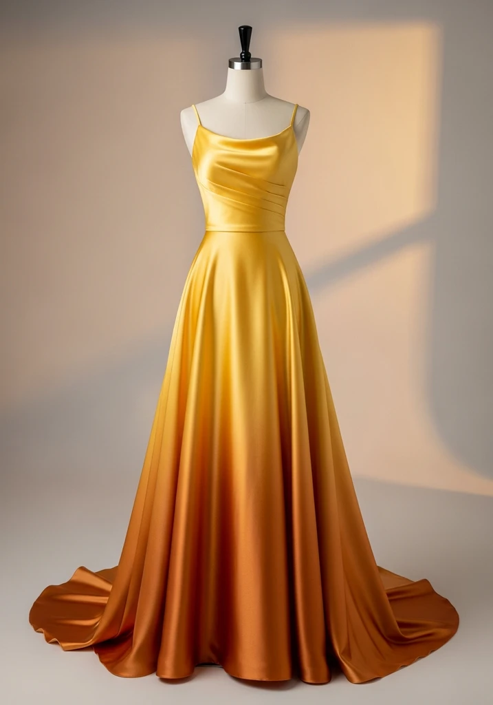 31 Best Sunset Ombre Summer Wedding Guest Dresses 11 Yellow and copper satin trumpet guest dress