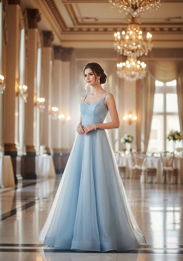 23 Light Blue Dresses for Wedding Guests 8 Light blue Organza A-line dress with Bateau neckline, structured and elegant.