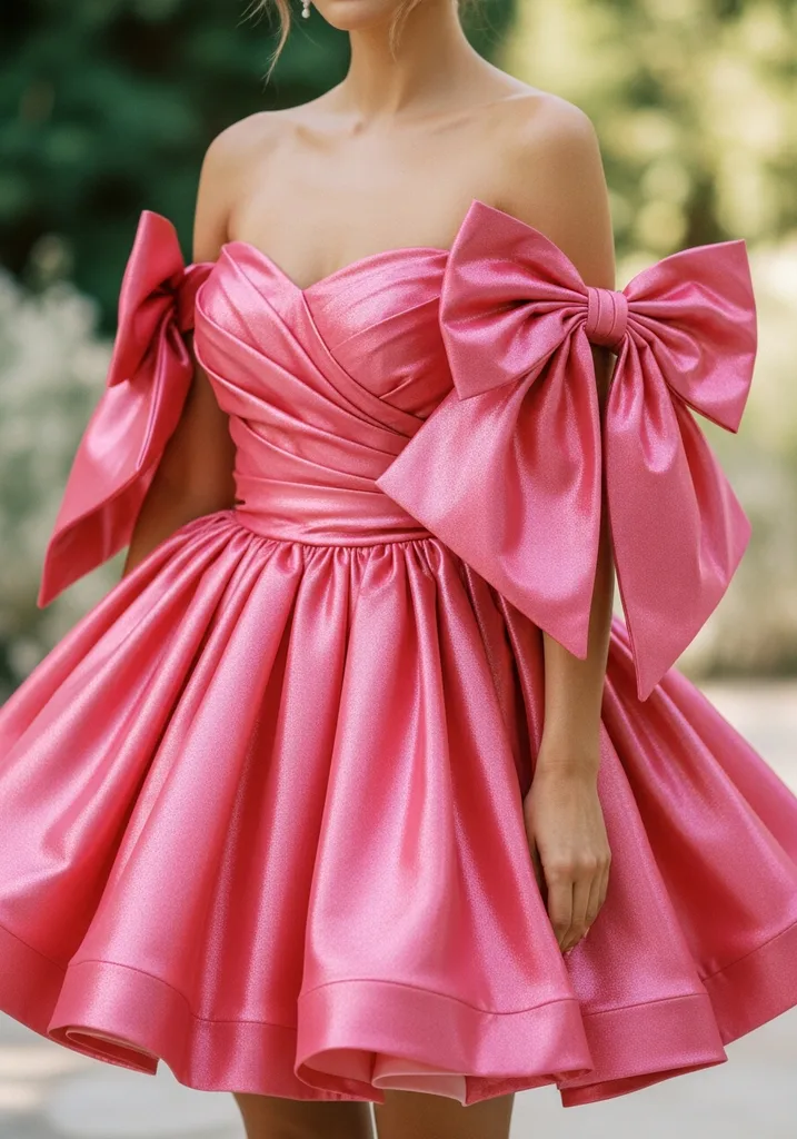 21 Off Shoulder Summer Wedding Guest Dresses 22 Pink taffeta off shoulder mini dress with bow details