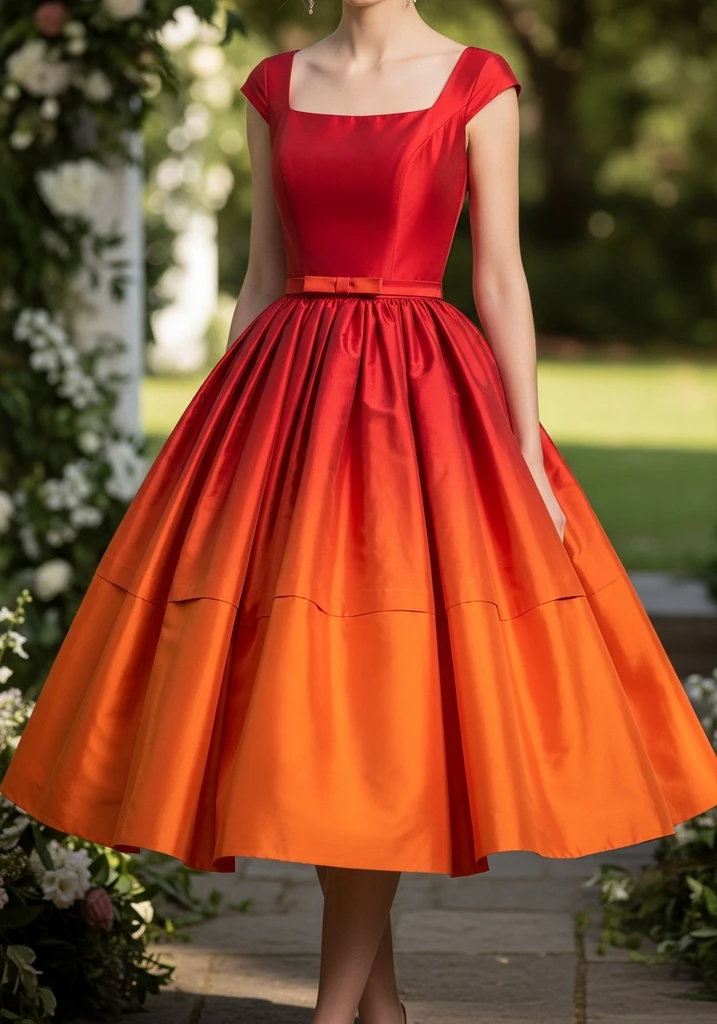 31 Best Sunset Ombre Summer Wedding Guest Dresses 19 Orange and red taffeta tea length guest dress