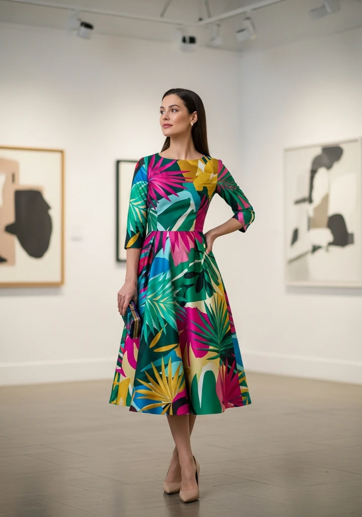 21 Tropical Print Summer Wedding Guest Dresses 10 Tea-length dress with abstract tropical art, a chic and versatile choice
