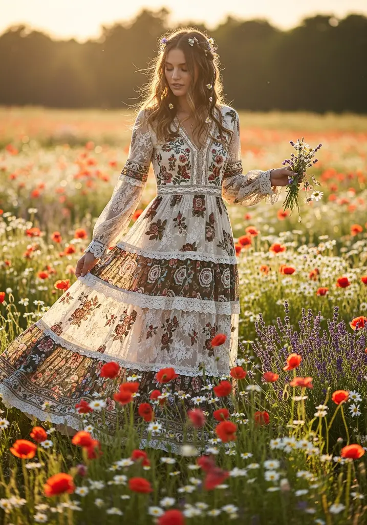 Bohemian tiered maxi dress in a field