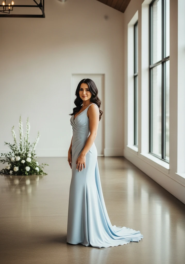 23 Light Blue Dresses for Wedding Guests 5 Light blue Crepe Column gown with Halter neckline, modern and elegant.