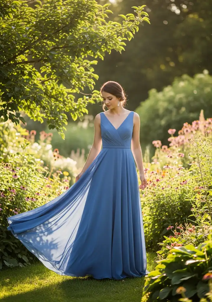 15 Cornflower Blue Summer Wedding Guest Dresses 2 Elegant woman in a cornflower blue A-line Chiffon maxi dress, perfect for a summer garden wedding.