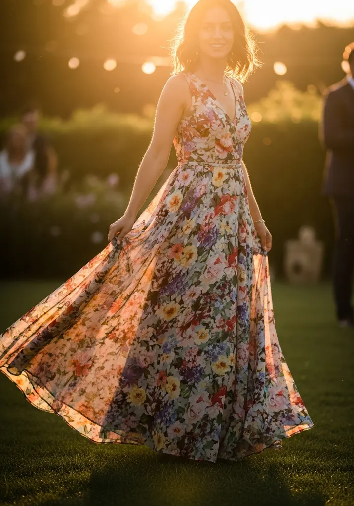 15 Boho Summer Wedding Guest Dresses for Effortless Style 2 Woman in floral maxi dress at a summer wedding