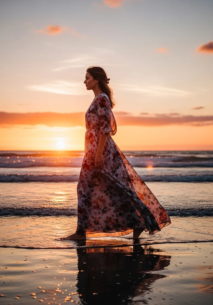 17 Destination Wedding Guest Dresses for Every Venue 2 Woman in floral chiffon maxi dress on beach