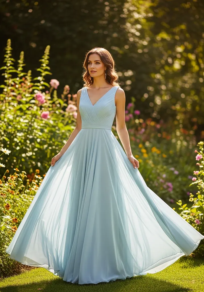 23 Light Blue Dresses for Wedding Guests 2 Light blue Chiffon A-line dress with V-neck, perfect for a summer wedding guest.