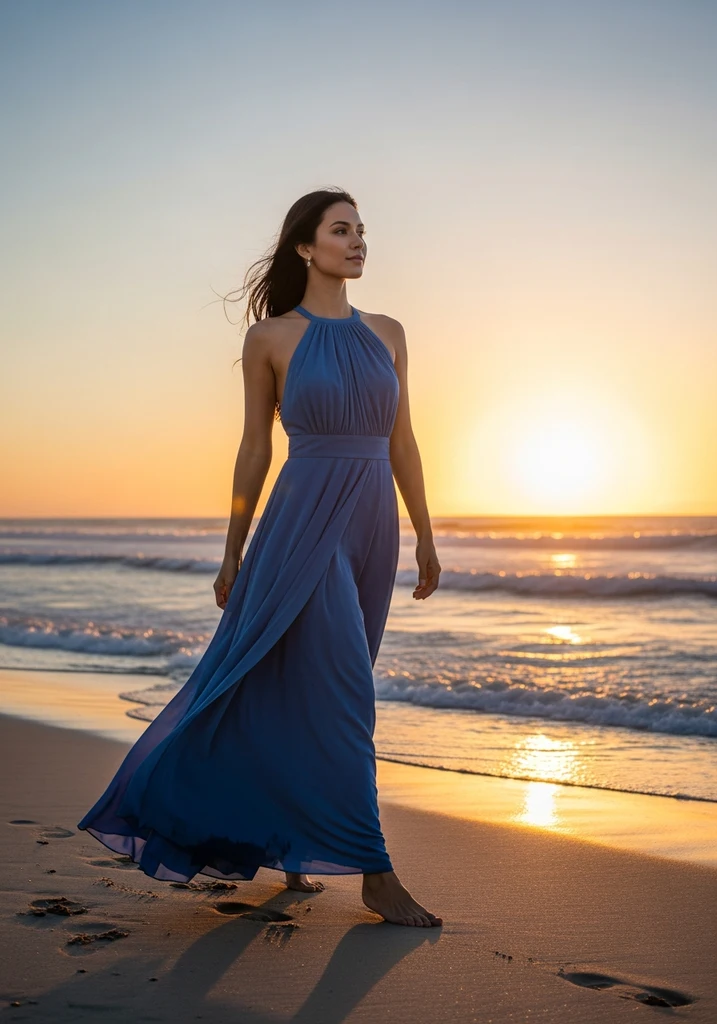 Woman in blue halter maxi dress on a beach