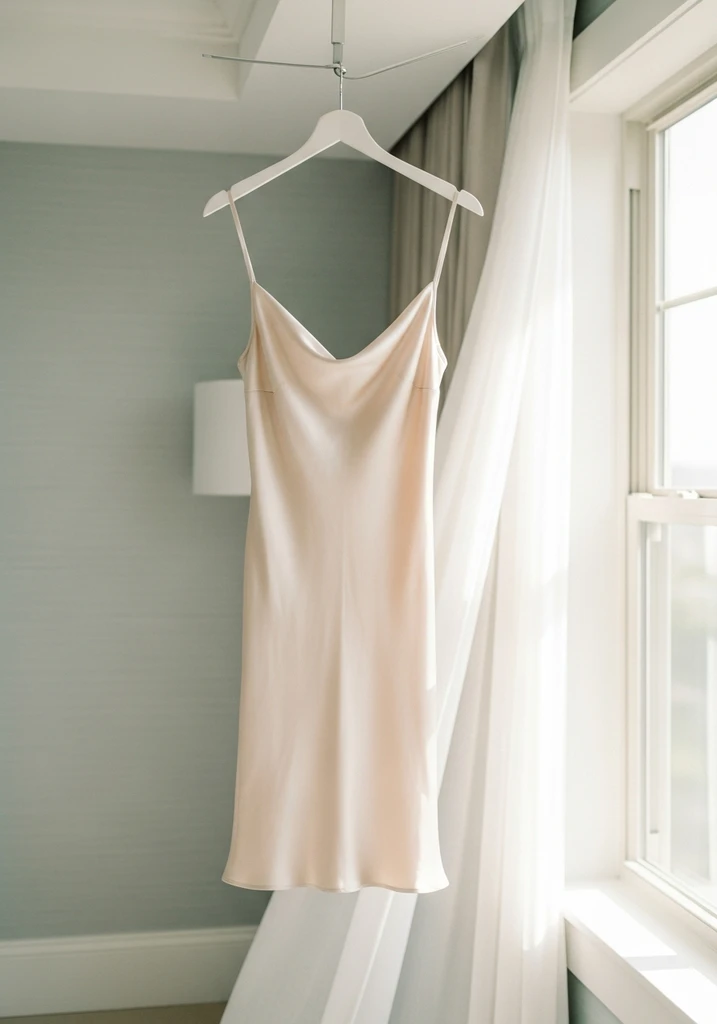 Champagne silk slip dress hanging in a bright room