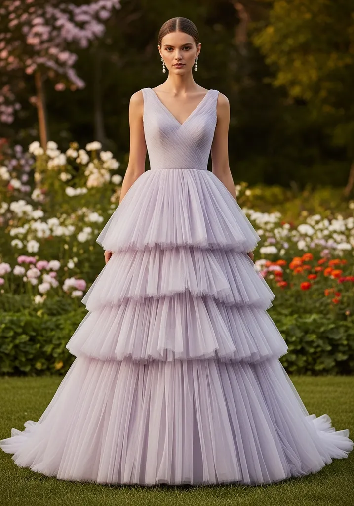 17 Destination Wedding Guest Dresses for Every Venue 7 Lavender tiered tulle dress