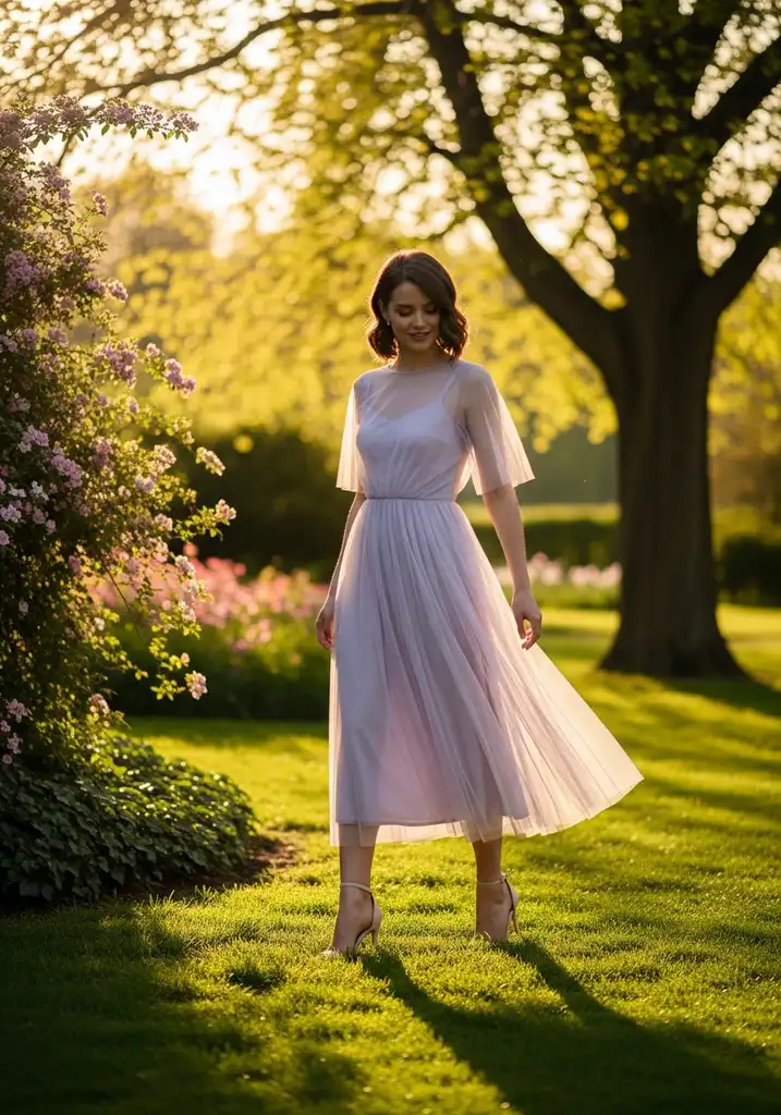Lavender tulle overlay midi dress