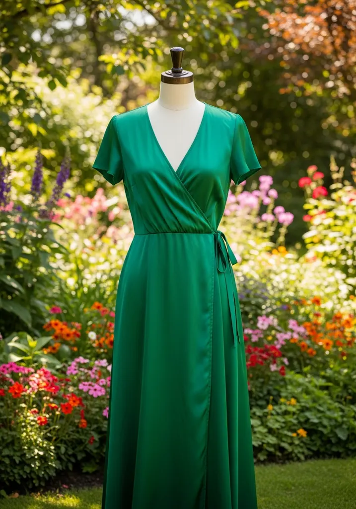 Green silk wrap dress with V neck