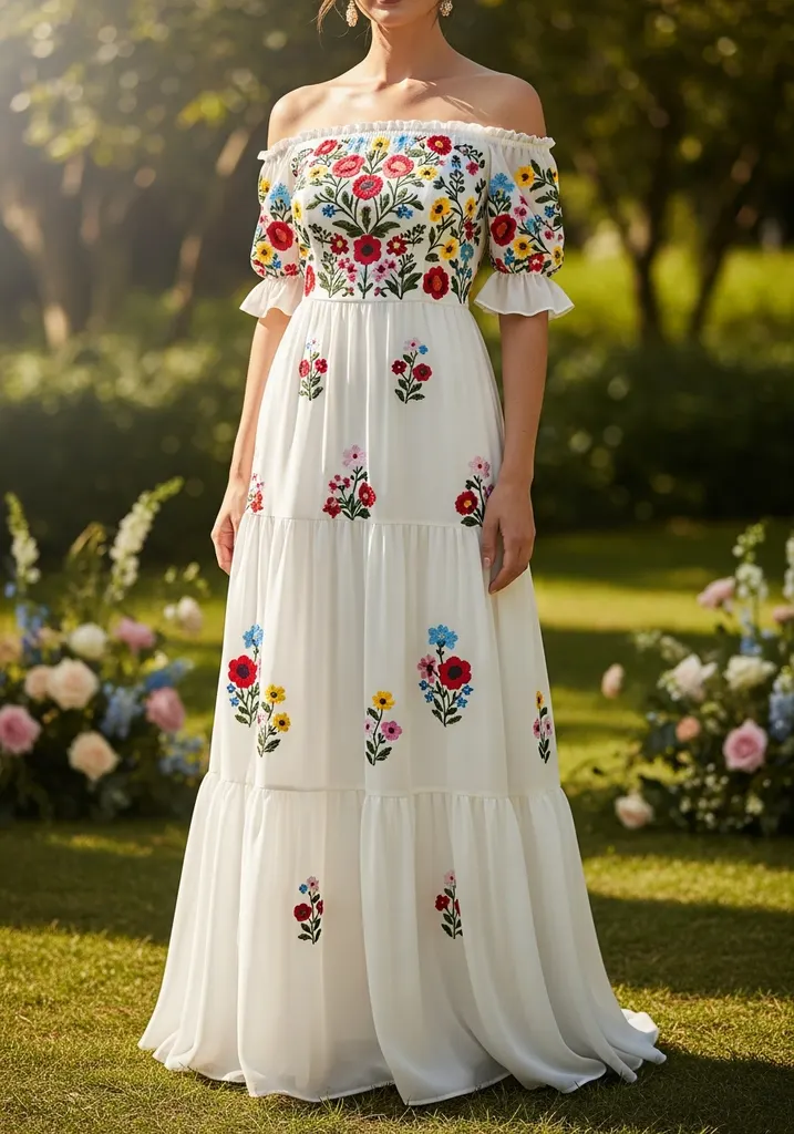 21 Off Shoulder Summer Wedding Guest Dresses 14 Embroidered tiered off shoulder maxi dress