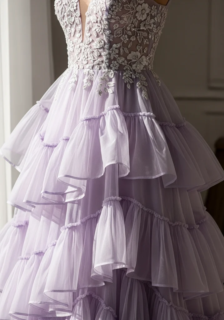 Lavender tiered ruffle gown for wedding guest