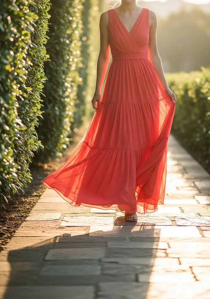 19 Best Chiffon Summer Wedding Guest Dresses 7 Tiered coral chiffon maxi dress