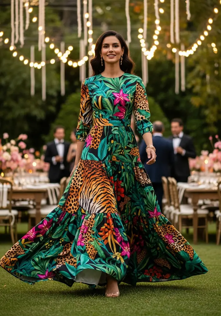 21 Tropical Print Summer Wedding Guest Dresses 15 Dress with Tiered skirt and bold jungle patterns, dramatic and vibrant