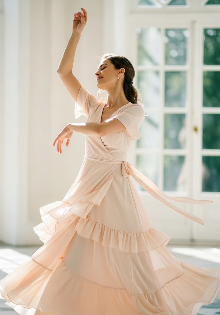 Tiered skirt wrap dress in peach