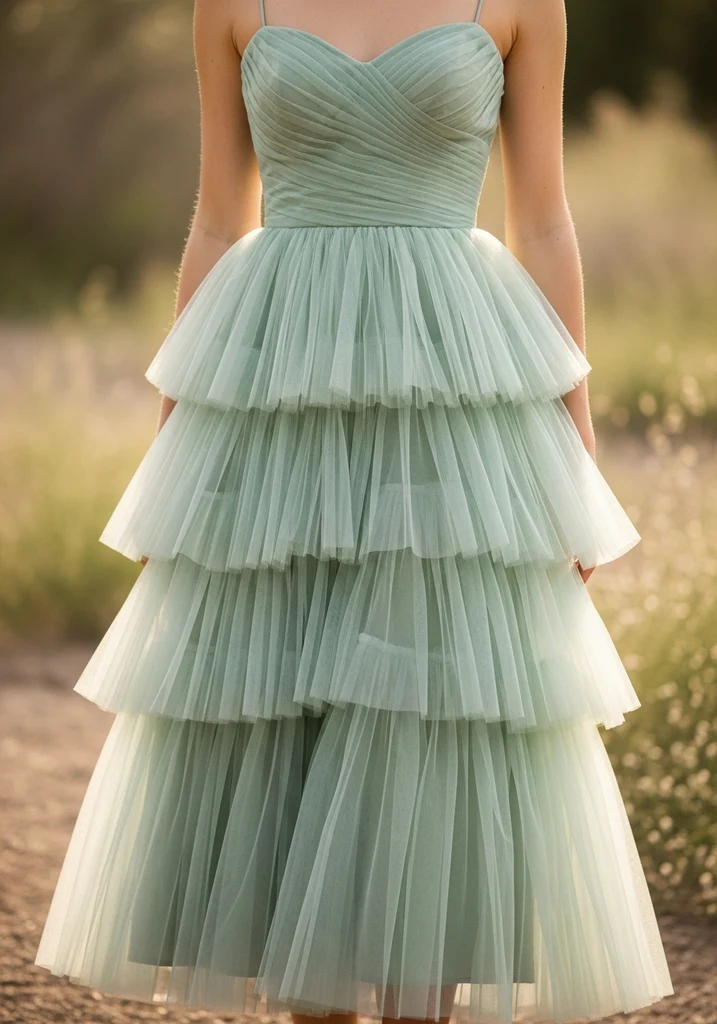 17 Sage Green Summer Wedding Guest Dresses 9 Tiered sage green tulle midi dress for summer wedding