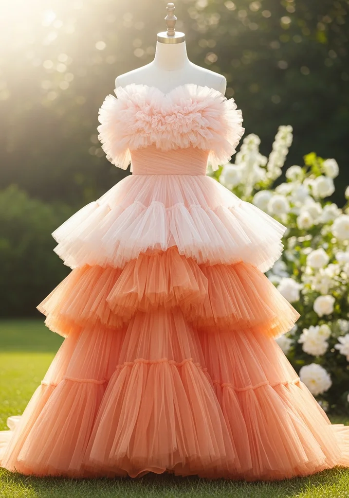 31 Best Sunset Ombre Summer Wedding Guest Dresses 24 Peach and tangerine tiered tulle cocktail dress