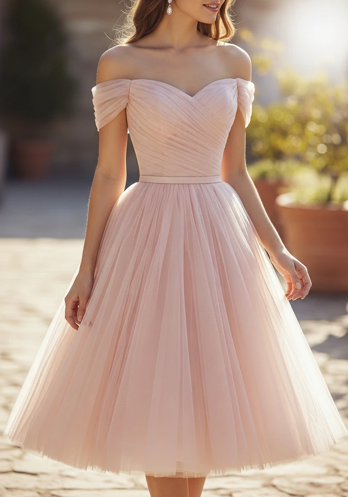 21 Off Shoulder Summer Wedding Guest Dresses 7 Blush pink tulle off shoulder tea length dress