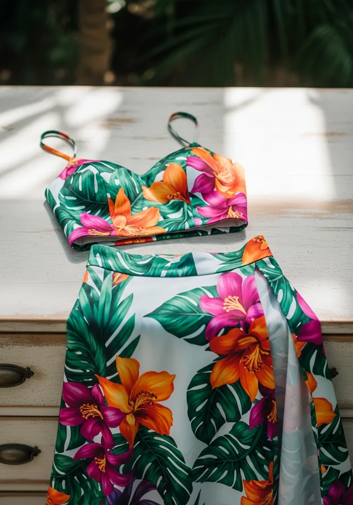 Two-piece floral set for beach wedding guest