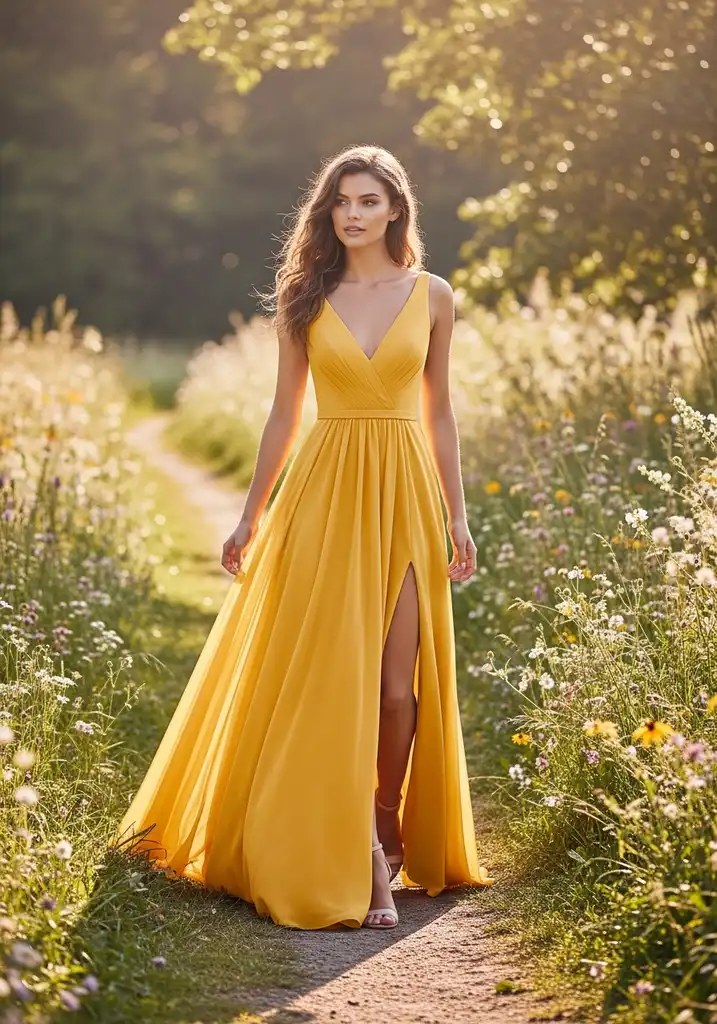 21 Butter Yellow Summer Wedding Guest Dresses 10 v-neck-maxi-with-side-slit