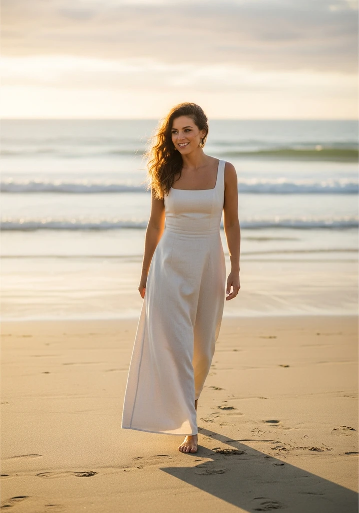 15 Flowy Summer Wedding Guest Dresses for Effortless Style 10 Woman in cream Linen blend maxi dress walking on a beach, ideal for a relaxed seaside wedding.