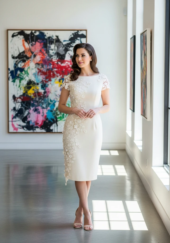 Woman in cream sheath dress with floral appliqué