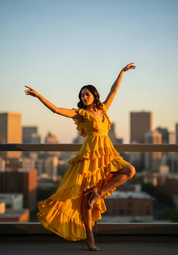 15 Flowy Summer Wedding Guest Dresses for Effortless Style 12 Woman in vibrant yellow Asymmetrical hem ruffle dress, making a stylish statement at a city wedding.