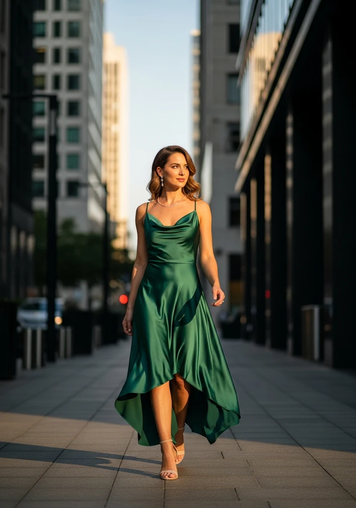 Woman in a modern asymmetrical hem satin dress with cowl neck, ideal for a contemporary summer wedding.