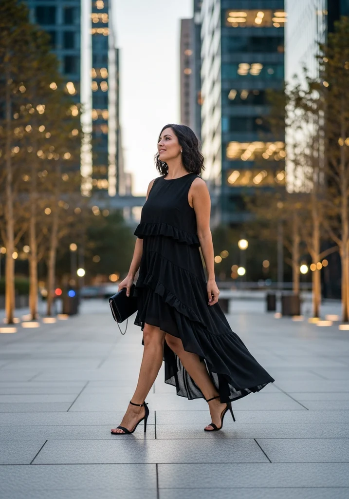23 Tiered Summer Wedding Guest Dresses for Every Style 12 Black asymmetrical hem tiered dress