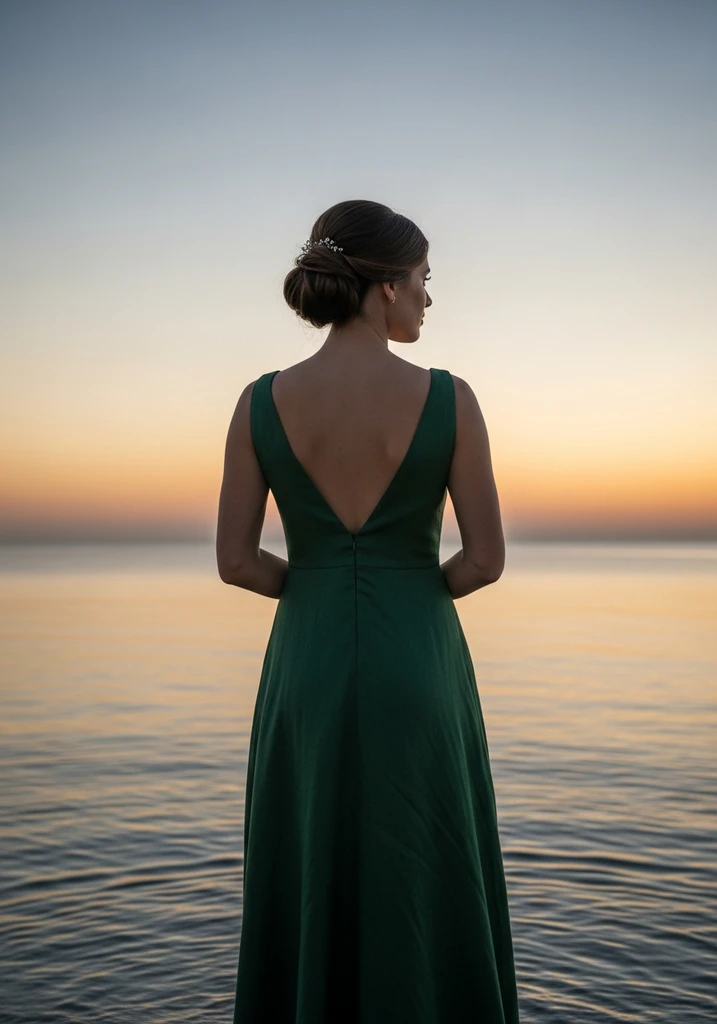 Woman showing deep V-back on a forest green linen maxi dress by the ocean