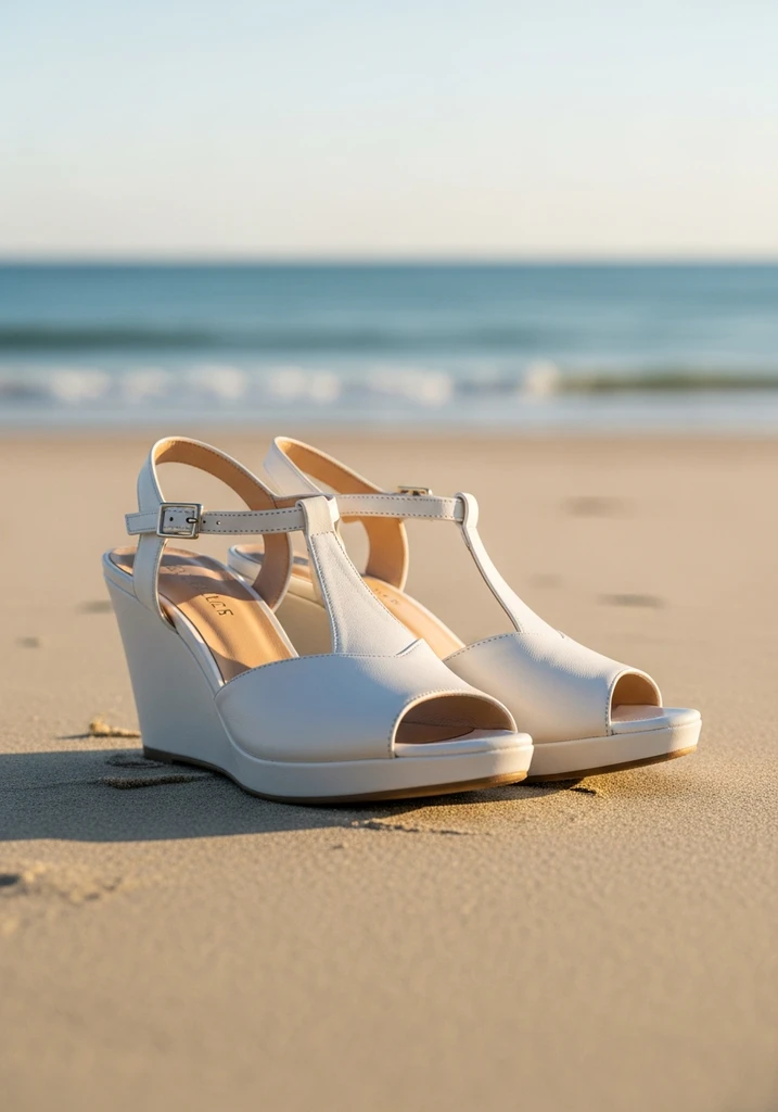 White leather wedge sandals for a beach wedding