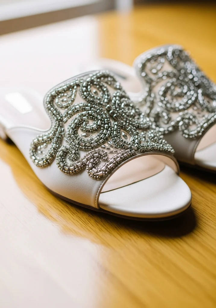 Ivory mules with intricate silver beading, a luxurious slip on style for a bride.