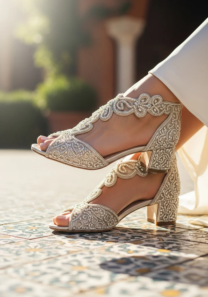 Beaded peep toe sandals with intricate beadwork on a bride's feet, sparkling in the sun.