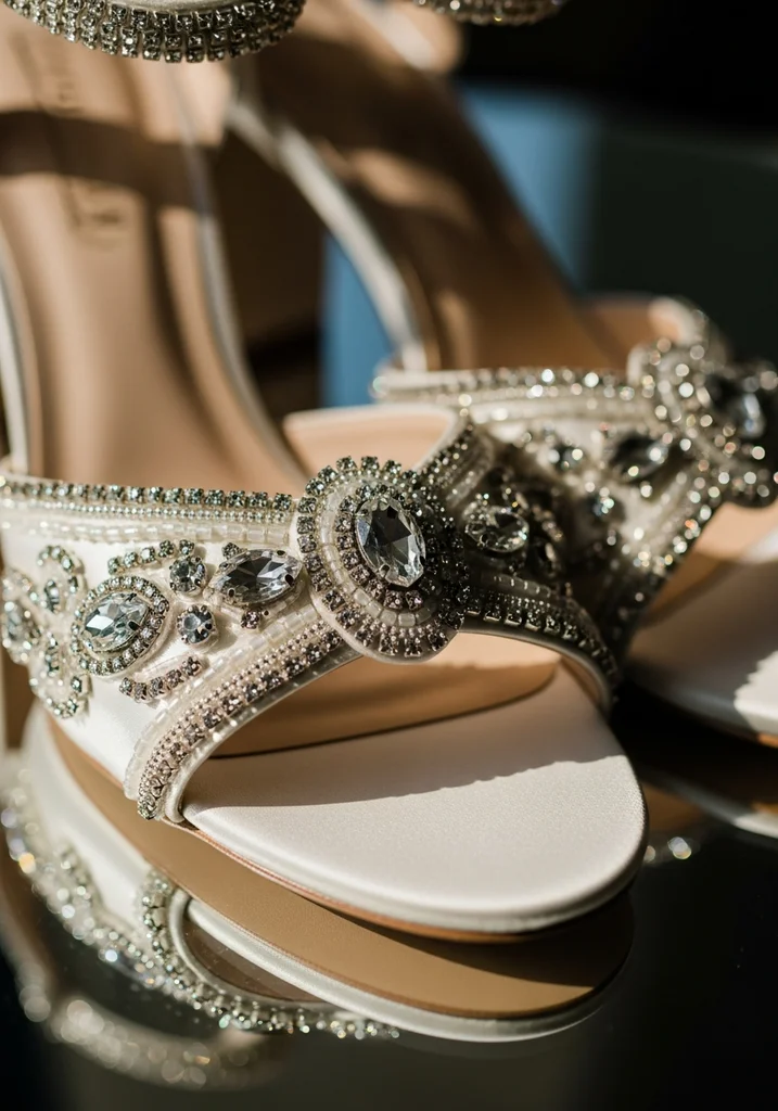 Top Block Heel Wedding Shoes for Comfort and Style 15 Ivory satin block heel sandals with dazzling jewels, for a glamorous bridal statement.