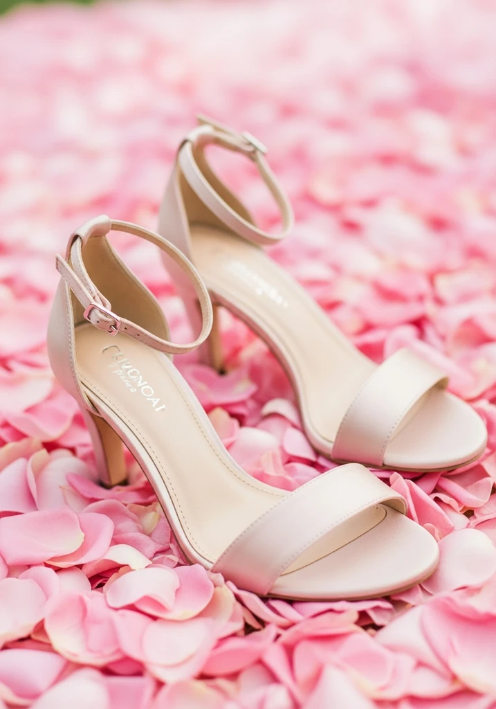 Blush pink satin ankle strap sandals