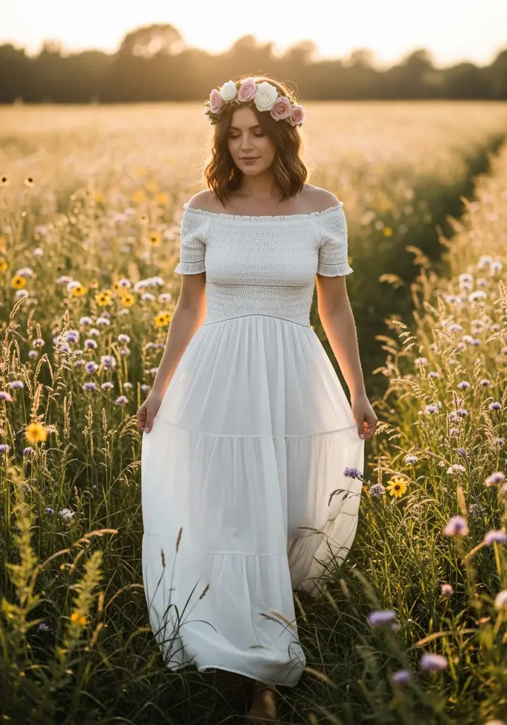 21 Chic Cotton Summer Wedding Guest Dresses 7 Woman in a white cotton smocked maxi dress at a bohemian wedding.