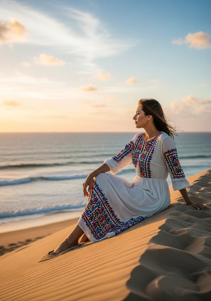 Woman in white Bohemian Embroidered maxi dress on dune